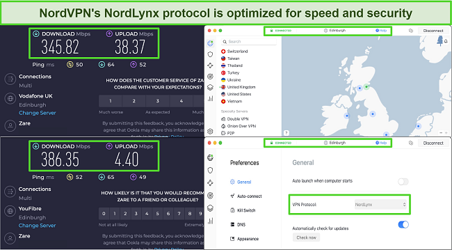 Screenshot of NordVPN's speed test results showing NordLynx's faster speeds on the Edinburgh server