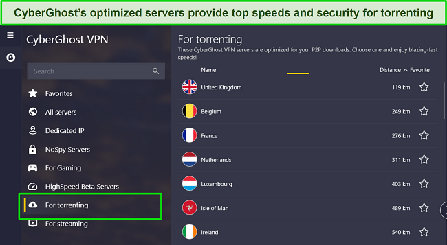 Screenshot of CyberGhost's Windows app with the torrenting servers list highlighted.