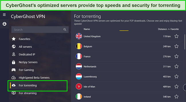 Screenshot of CyberGhost's torrenting servers on its Windows app