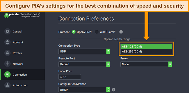 Screenshot of PIA's Windows app highlighting its OpenVPN encryption settings.