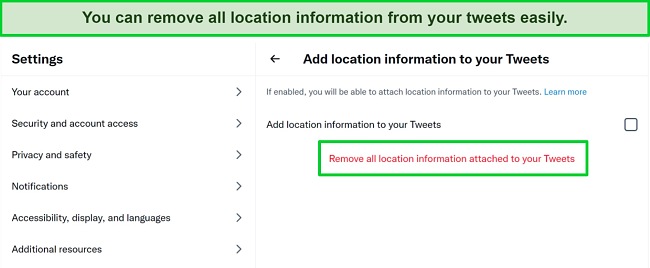 Screenshot of Location Information Settings on Twitter Screenshot showing the Twitter setting to add or remove all location information attached to tweets.