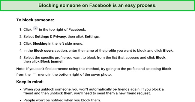 Screenshot of How to Block on Facebook Screenshot with instructions on how to block another user on Facebook.