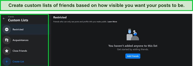 Screenshot of Custom Lists Settings on Facebook. Screenshot of Custom Lists Settings on Facebook.