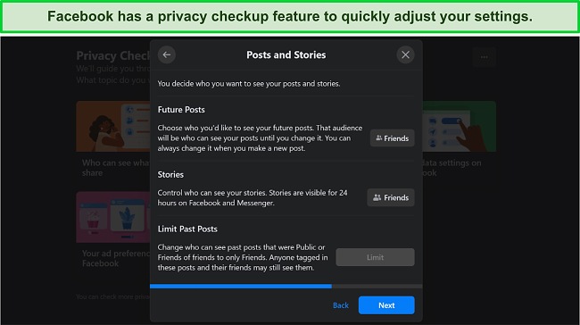 Screenshot of Privacy Checkup Settings and Options on Facebook. Screenshot of Privacy Checkup Settings and Options on Facebook.