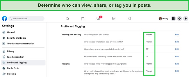 Screenshot of Profile and Tagging Settings on Facebook Screenshot of Profile and Tagging Settings on Facebook