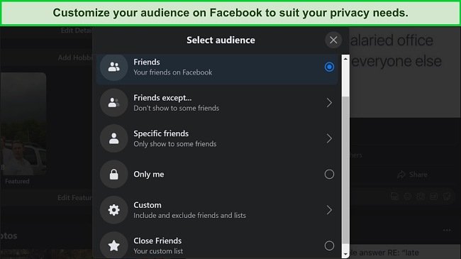 Screenshot of Select Audience Settings on Facebook Screenshot of Select Audience Settings on Facebook