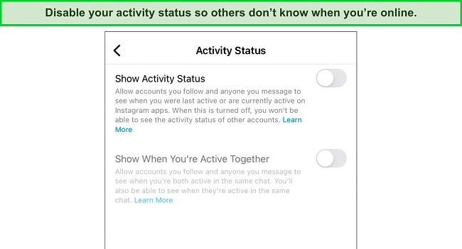 Screenshot of Activity Status Settings on Instagram Screenshot of activity status settings on Instagram where users can decide whether others can see when they're online.