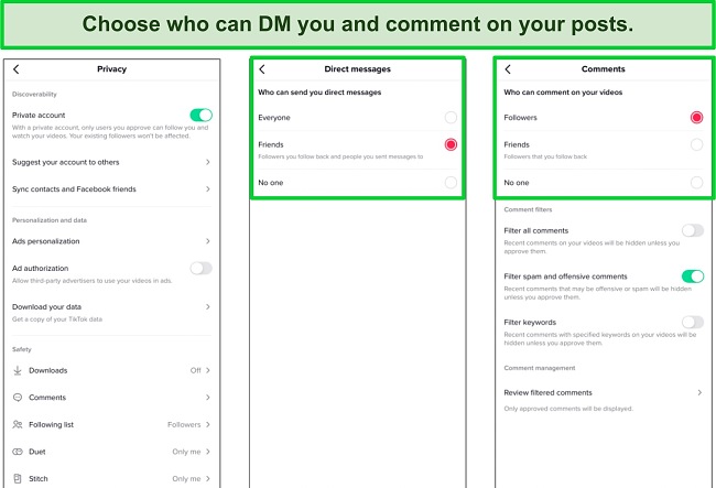 Screenshot of Instagram Privacy Settings Screenshot of Instagram privacy settings, specifically settings which determine who can direct message (DM) you and comment on your posts.