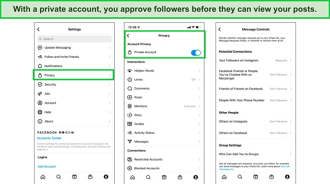 Screenshot of Privacy Settings on Instagram Screenshot of privacy settings on Instagram, including message controls.