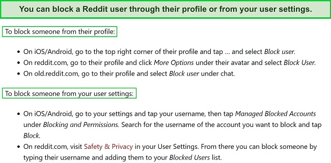 Screenshot detailing How to Block Someone on Reddit Screenshot with instructions on how to block someone on Reddit through their profile or through your user settings.