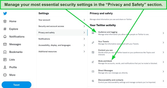 Screenshot of Twitter Privacy and Safety Settings Screenshot of Twitter Privacy and Safety Settings with arrows drawing attention to the "Audience and Tagging" and "Mute and Block" settings.