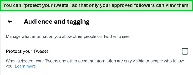Screenshot of Twitter Settings: Audience and Tagging Screenshot of the "Protect your Tweets" setting on Twitter.