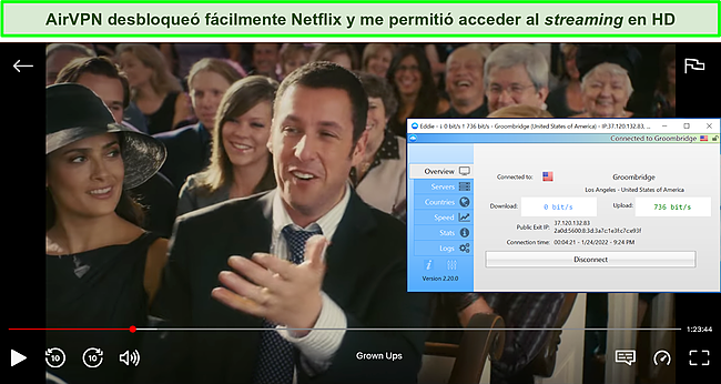 Captura de pantalla de AirVPN desbloqueando Netflix de EE. UU.