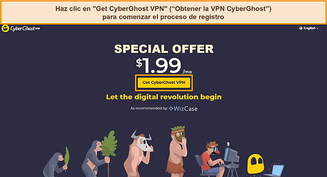 Captura de pantalla de la página de ofertas de CyberGhost con WizCase.