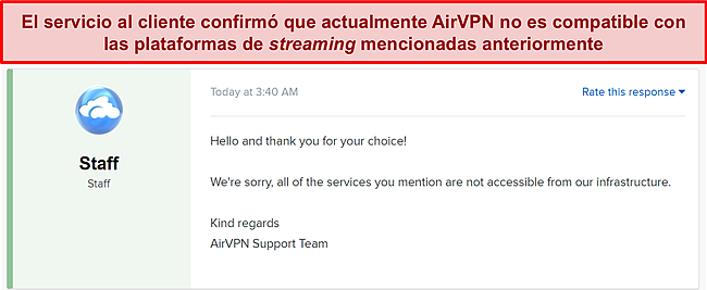 Captura de pantalla que confirma que Netflix, Hulu, Hulu Plus, HBO Max y Amazon Prime Video no son compatibles con AirVPN.