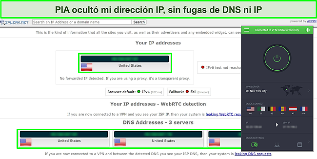 Captura de pantalla de los resultados de la prueba de fugas de IP con PIA conectado a un servidor de EE. UU.