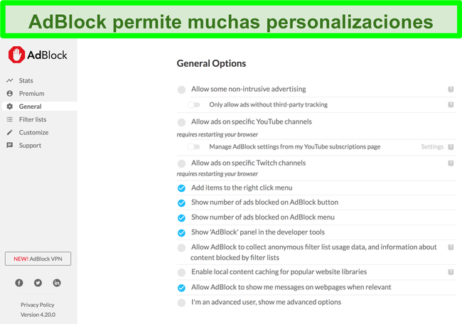Captura de pantalla que muestra las muchas opciones de personalización de AdBlock