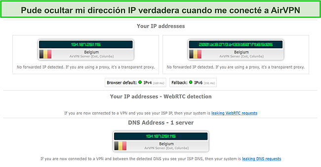 Captura de pantalla de los resultados de la prueba de fugas al usar AirVPN.