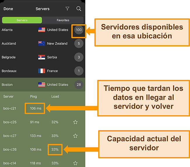 Captura de pantalla de la aplicación IPVanish para iOS con la información del servidor resaltada.