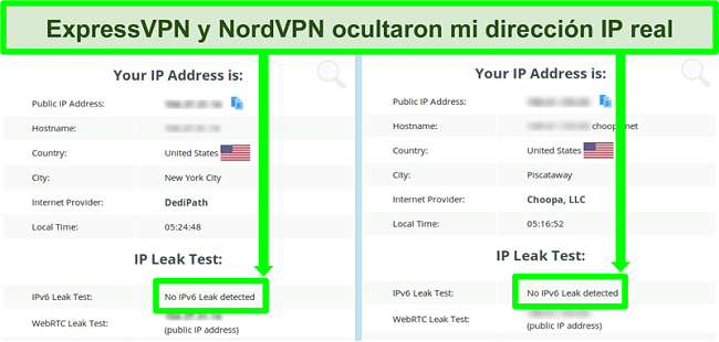 Captura de pantalla que muestra que no se detectó ninguna fuga de IPv6 para NordVPN y ExpressVPN
