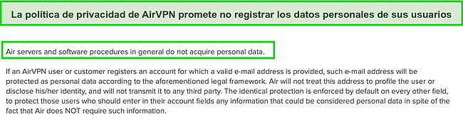 Captura de pantalla de la política de privacidad de AirVPN.