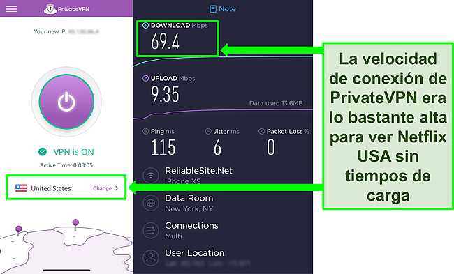 Captura de pantalla de PrivateVPN conectada a un servidor de EE. UU., Más el resultado de una prueba de velocidad de Ookla.