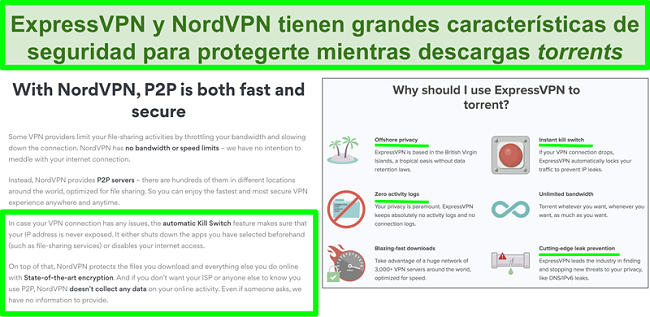 Captura de pantalla de los sitios web de NordVPN y ExpressVPN que muestra que admiten torrents