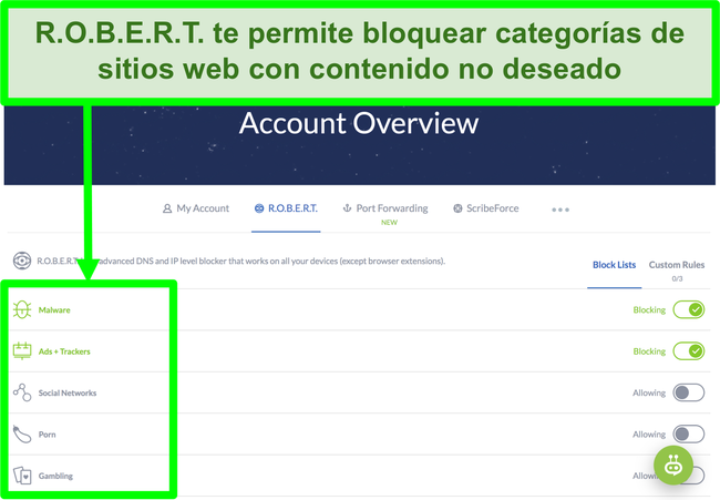 Captura de pantalla de la página de configuración de Winscribe que muestra opciones para bloquear anuncios, malware y categorías de sitios web