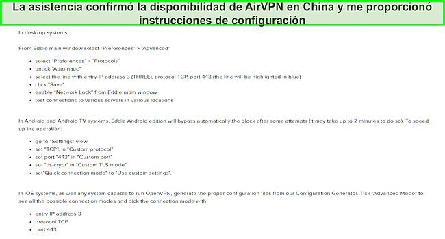 Captura de pantalla de cómo se configura AirVPN para China según el soporte.