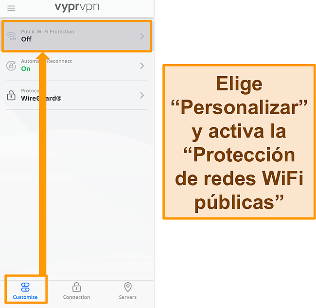 Captura de pantalla de la configuración de Protección WiFi pública de VyprVPN.