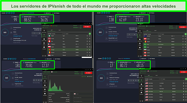 Captura de pantalla de las pruebas de velocidad de IPVanish en el escritorio.