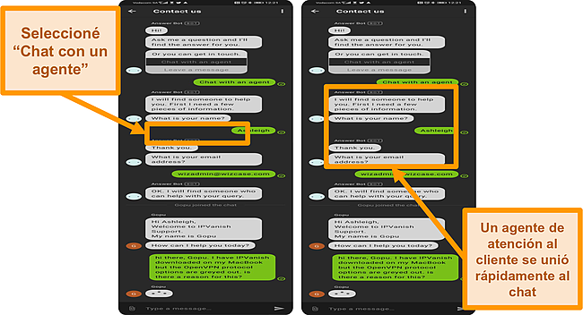 Captura de pantalla del chat en vivo de IPVanish en dispositivos móviles.