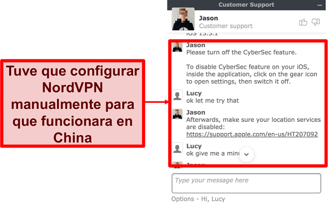 Captura de pantalla del chat con NordVPN pidiendo consejo sobre cómo hacer que la aplicación funcione en China