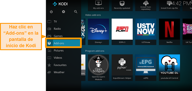 captura de pantalla de cómo instalar el complemento oficial de kodi paso dos haga clic en complementos