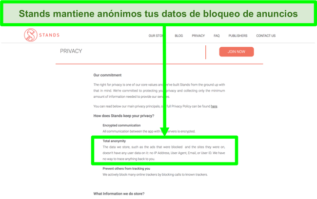 Captura de pantalla del sitio web de Stands que indica que los datos que tiene sobre los anuncios bloqueados nunca están vinculados a la información personal de los usuarios