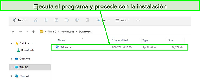 Captura de pantalla que muestra Unlocater en la carpeta de descargas en la PC.
