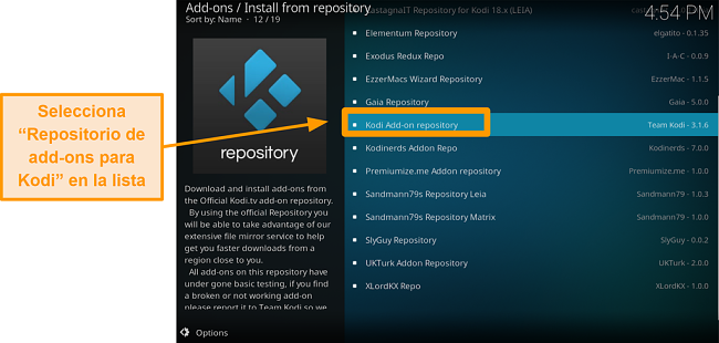 captura de pantalla de cómo instalar el complemento oficial de kodi, paso cinco, haga clic en agregar Kodi en el repositorio de la lista