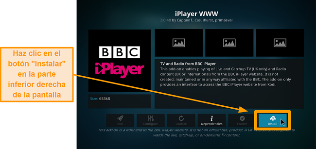 captura de pantalla de cómo instalar el complemento oficial de kodi paso ocho haga clic en instalar