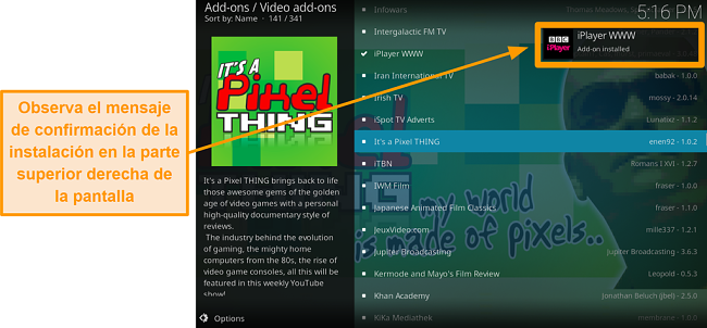 captura de pantalla de cómo instalar el complemento oficial de kodi, aparecerá la notificación del paso diez