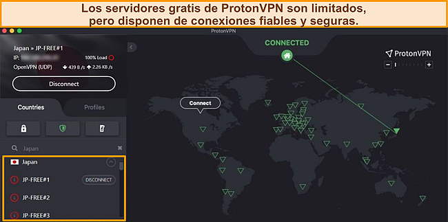Captura de pantalla de ProtonVPN conectado a un servidor gratuito en Japón.