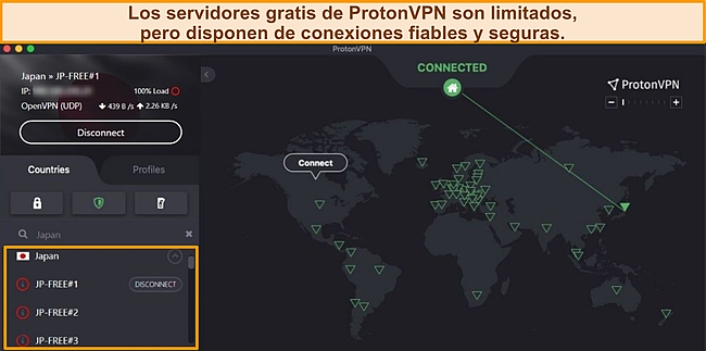 Captura de pantalla de Proton VPN conectado a un servidor gratuito en Japón.