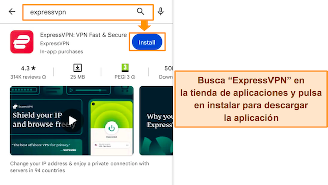 Imagen de la aplicación de ExpressVPN en la tienda Google Play