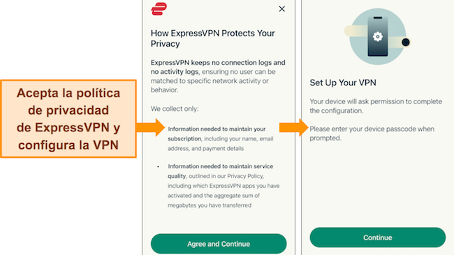 Imágenes de la aplicación móvil de ExpressVPN, que muestran permisos para instalar configuraciones de VPN y aceptar la política de privacidad