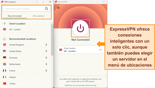 Captura de pantalla de la aplicación de Windows de ExpressVPN que muestra el botón de conexión inteligente y el menú de ubicaciones del servidor