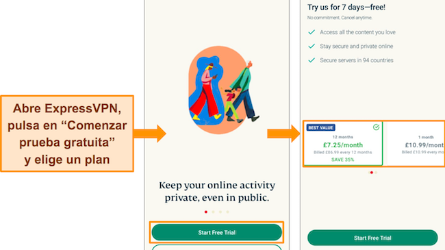 Imágenes de la aplicación de Android de ExpressVPN, que indican al usuario que haga clic en la opción 