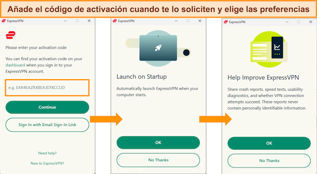 Capturas de pantalla de la aplicación de Windows de ExpressVPN que muestran dónde ingresar el código de activación y las preferencias de la aplicación