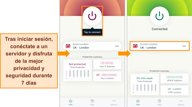 Capturas de pantalla de las aplicaciones de ExpressVPN, que muestran cómo conectarse a un servidor