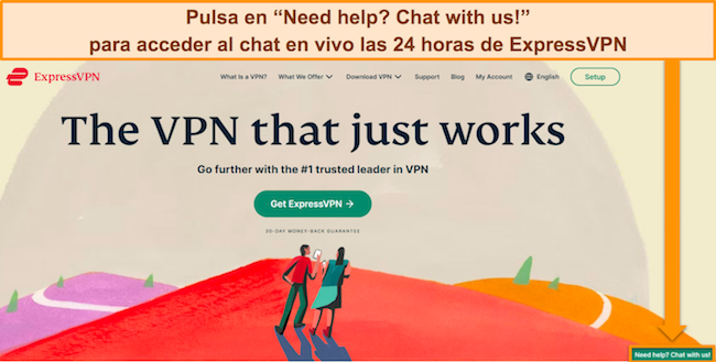 Imagen del sitio web de ExpressVPN, destacando la opción de soporte por chat en vivo
