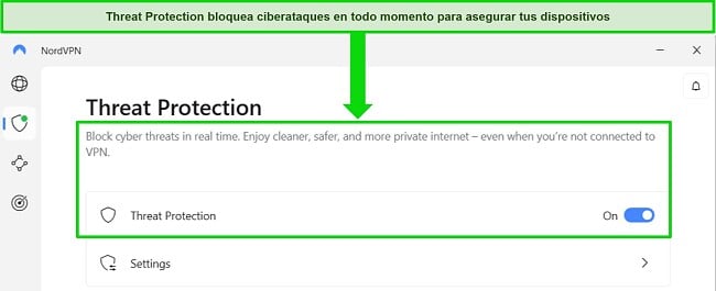 Captura de pantalla de la aplicación de Windows de NordVPN que muestra que la función Protección contra amenazas siempre está activada.
