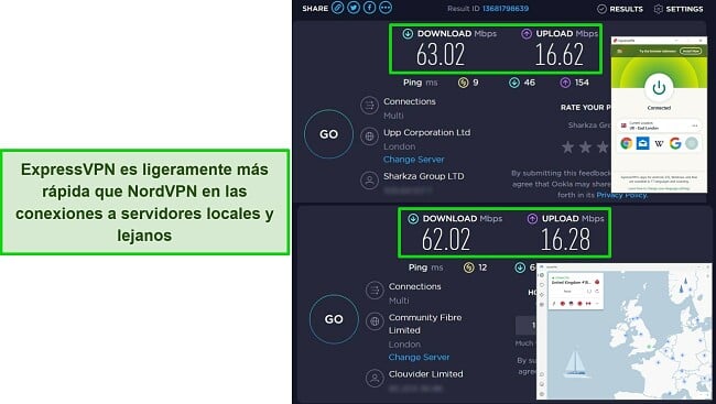 Capturas de pantalla de ExpressVPN y NordVPN conectadas a servidores del Reino Unido, con los resultados de las pruebas de velocidad de Ookla que muestran que ExpressVPN es un poco más rápido.